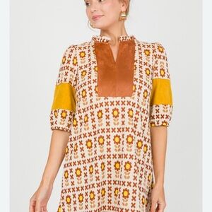 Floral Patterned Dress with Brown and Yellow Accents boutique brand Voy M